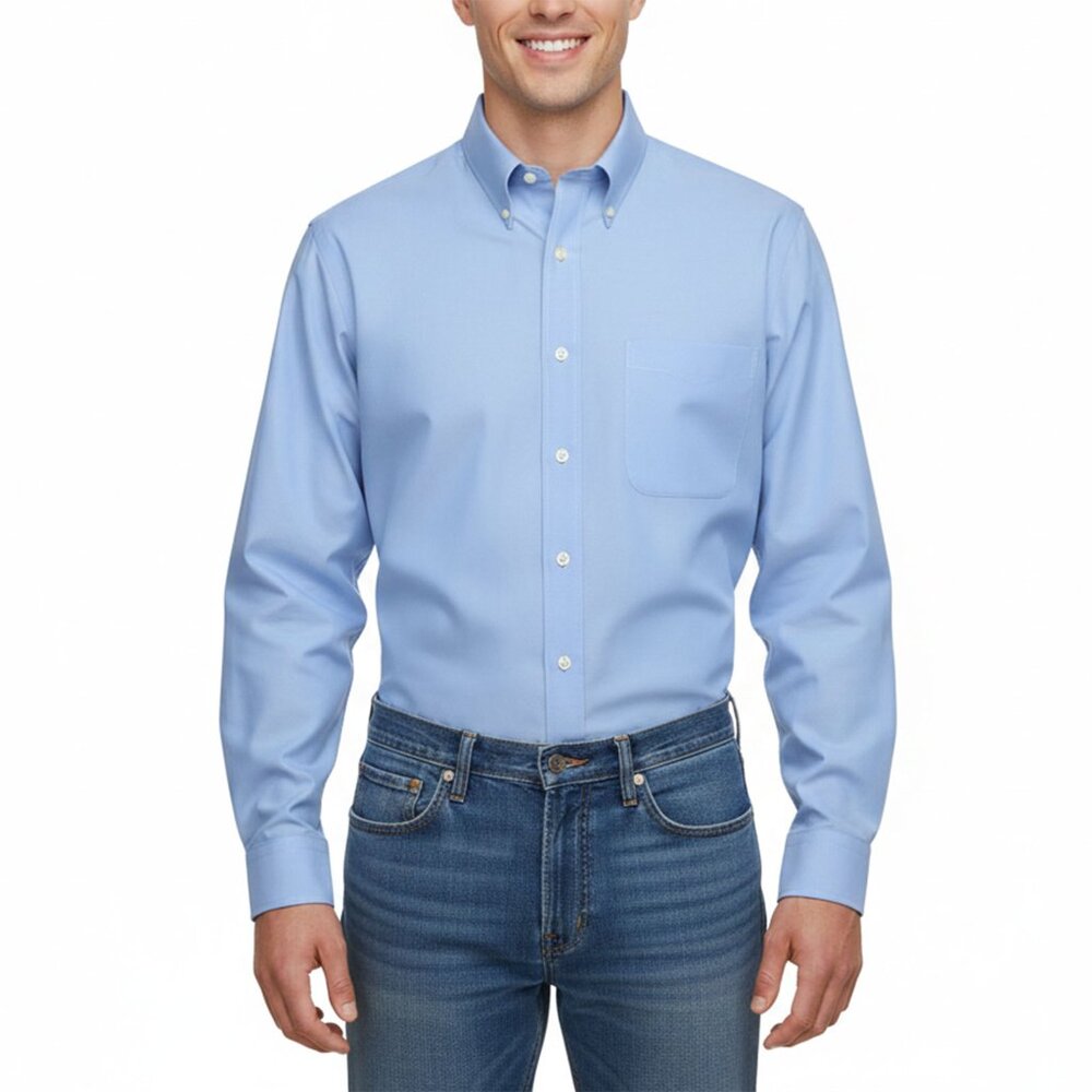 Kirkland Signature Non-Iron Dress Shirt Blue Solid 100% Cotton 16.5 35
